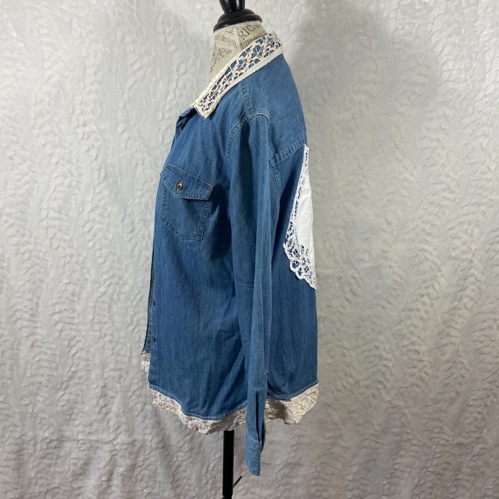 Denim Upcycled Redesigned Lace Heart Recycled button up western shirt - Picture 6 of 12